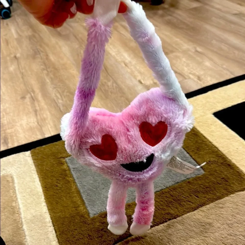 Pink and White Plush Cat Toy with Heart Design